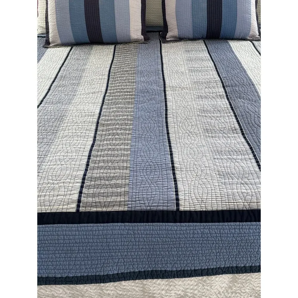 Nautica Coastal Quilt Bedspread Full Queen Blue Plaid Cotton 2 Pillow Shams READ